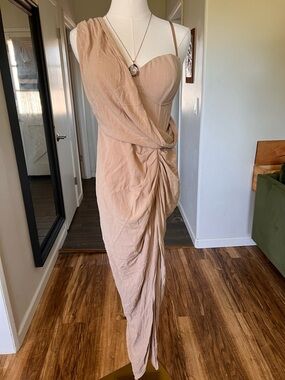 Asymmetric One-Shoulder Draped Dress in Beige